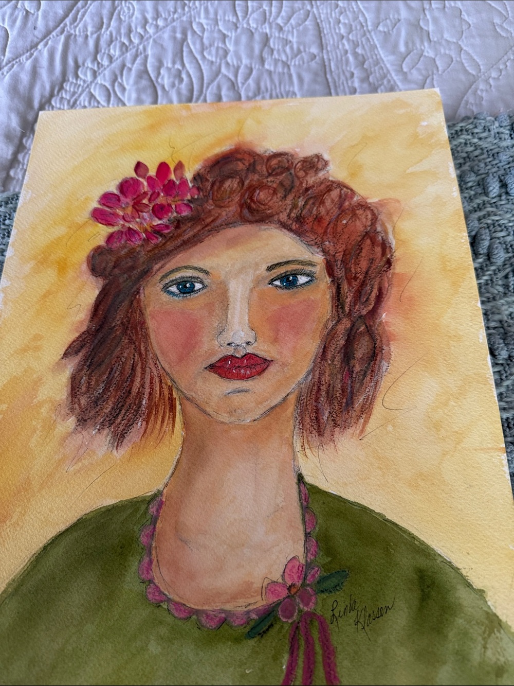 Original art watercolour, beautiful woman in green - Picture 3 of 4